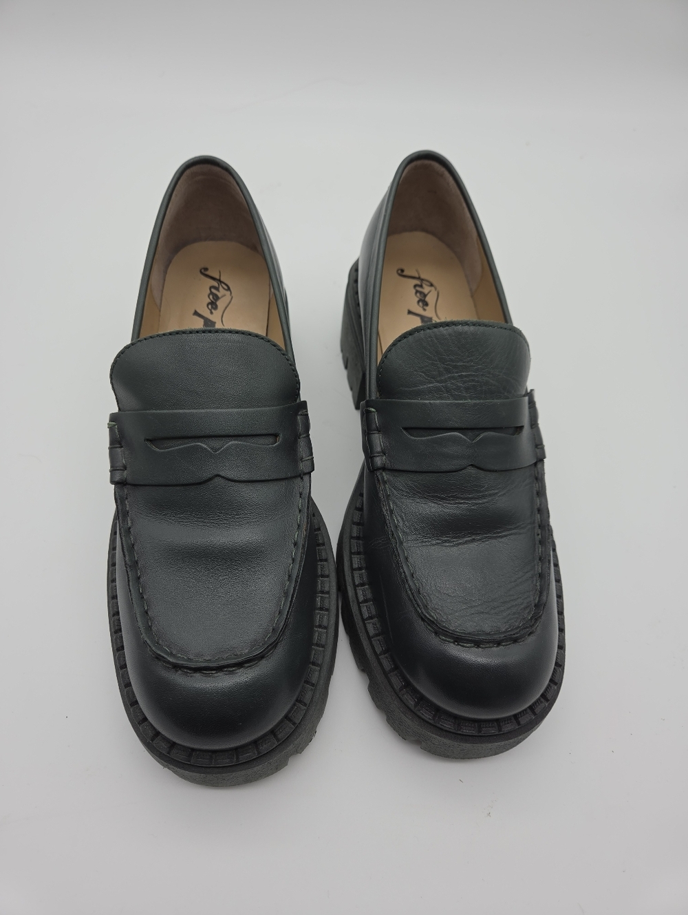 Free People Lyra Lug Sole Platform Leather Loafers Dark Green Size 7.5 - Picture 7 of 10